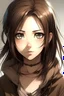 Placeholder: Dark brown eye color, 18 years old, dark brown hair color, fair and slightly white skin color, relatively small eyes, relatively thin lips, thin and slightly round face,anime attack on titans,1 girl.