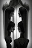 Placeholder: View from behind, a beautiful woman,she stares into a mirror, but her reflection in the mirror is an empty face, symbolism for the question "who am I", 32k, Mysterious and gothic, chaotic