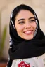 Placeholder: Palestinian woman with a beautiful face, turning her face slightly to the right, a beautiful smile, her mouth closed, not showing her teeth