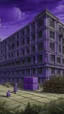 Placeholder: A purple factory with a library painted by Leonardo da Vinci