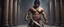 Placeholder: Hyper Realistic shirtless muscular handsome short black hair Indian King holding sword in a huge dark haunted hallway with traditional pillars