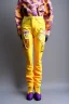 Placeholder: Photograph of a woman. Huge prints on denim,terracotta, cream and purple, lilac and Cream latex parts are bagging. imperial yellow, red plum. Baggy jeans! plant print.European daft punk woman. Baggy jeans! Mantle is sewed of recycled Denim and sewed together of recycled polymer felt. lace, Yellow(Munsell) areas. hint of orange as effect color!!Big bright purple/khaki felt tippet and cream or blue or lilac colored-hood. mantle is merged with satchel, cobalt blue.