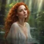 Placeholder: amazingly beautiful forest nymph, redhead, intimate, open minded, alluring, dynamic poses, the clouds are rich in color and can be seen in the reflection off the water, ray tracing, beautiful facial features, wavy hair, face illumined, face detailed, soft smile, sun rays, detailed facial features, detailed eyes