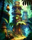 Placeholder: adventure jungle dungeon with steampunk machines tower in jungle painterly rpg art