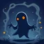 Placeholder: Cartoon whimsical fantasy nighttime ghost made of shadows and gas with orange eyes