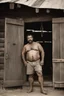 Placeholder: 1970's half figure photography of a burly overweight muscular brazilian farmer 44 years old, sweat, short curly hair, short beard, manly chest, tattoo, hand on the fap, shirtless with dirty shorts, on the door of a large barn, under the sun