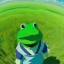 Placeholder: A green frog smiling with a blue hat on and wearing blue overalls skipping and dancing around in a field during a sunny day. Bokeh, fisheye.