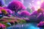 Placeholder: monde en fleurs, blue lake, flower tree-houses, concept art, crépuscule , fuksia bleu oranger, vibrant Color, réaliste, riviere bleu, tree-house bougainvillier, roses