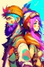 Placeholder: anime couple, adventurers, colorful, man with beard