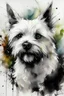 Placeholder: Portrait of a White West highland terrier dog with happy expression in loose abstract watercolour, wet on wet, and splattering in the style of Agnes Cecile, Willem Haenraets, Yoji Shinkawa, Guy Denning, Florian Nicolle with chalk and rough pastel on rough, textured paper
