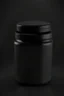 Placeholder: black container, plastic, realism, with screw lid, no labels, round container, view from the front, protein powder, dark studio setting, black background