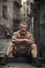 Placeholder: viril strong beefy mature russian man sunbathing, sitted on an empty street, 41 years old, dirty tank top, tattoo, bullneck, hands behind the neck, ripped dirty shorts, manly chest, very hairy, short beard, big shoulders, relaxed, photorealistic, well defined facial features, half figure photography, view angle from the ground