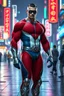 Placeholder: A muscular, athletically built man with extra-short, crew cut, black hair, blue eyes, short, trimmed goatee, standing stoically on the street in the neon lit, futuristic City of Xanadu prime, wearing a long-sleeved, highly textured, red-white-and blue body suit with gray piping that forms to his muscular frame, a silver lightning belt, silver wrist gauntlets, silver, knee-high boots, the symbol of Xanadu on his chest, and a thin black leather bandit eye mask