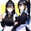 Placeholder: Clear focus, 8k, beautiful lighting, vibrant colors, girl, black hair, long hair, vibrant golden eyes, ponytail, same twins, black hair, golden eyes, same clothes, maid,