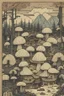 Placeholder: Mushroom village drawn in Japanese woodblock style