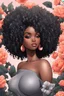 Placeholder: Create an comic image of a curvy black female wearing a grey off the shoulder blouse and she is looking down with Prominent makeup. Highly detailed tightly curly black afro. Background of large peach and grey flowers surrounding her