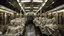 Placeholder: interior of a subway carriage full with a crowd of marble statues; gloomy, weird, eerie, odd, unsettling