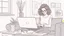 Placeholder: home office fashion, in a cozy living room a woman sitting on a sofa open laptop in front of her she is working, she wearing a loose gray T-shirt with holes and stains in a few places and "text":"I hate humanity!" she is big messy hair and glasses top of her head. wearing pink pajama pants with a cute cat head pattern her home fashion, surrounded notes, paper, calendar, crumpled paper, on table front her coffee mugs, mineral water, books, the room is a mess, very detailed, realistic, best shoot