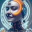 Placeholder: A beautiful portrait of a cute cyberpunk woman smiling, grain on the skin, orange color scheme, high key lighting, volumetric light high details with white stripes and feathers full length clean art NFT, soft lighting, soft pastel gradients, high definition, blender 3d cinematic, op art, visionary art, sacred geometry, fractal, white balanced