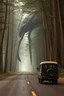 Placeholder: Fantasy forest road a giant alien creature waiting for a ride on the side of the road