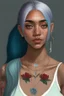 Placeholder: Young woman with big grey eyes, brown skin, rosy cheeks, long silver earrings, really long straight blue hair in ponytail, round face, slim body, big bobs, green shirt, red flower tattoo on collarbone,