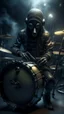 Placeholder: A drummer playing the drums ,wearing gas masks, they are tied to their musical instruments ,surrealism of the dark of a nightmare ten miles high and six foot deep, hyper photorealistic, hyper detailed dark art color, high resolution, fog, octane render, tilt shift, HDRI Environment, all pictures dark gray