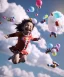 Placeholder: Ultra realistic speed clouds sky scene, wide angle view, childs falling down with many Childs background, circus dress style, feather color, free jumping flying, many trinkets, hair monster, many jelly beans, balls, color smoke, smile, happy, extreme, wind, clouds sea, 20,000 feet altitude, stratosphere, soft color, highly detailed, unreal engine 5, ray tracing, RTX, lumen lighting, ultra detail, volumetric lighting, 3d, finely drawn, high definition, high resolution.