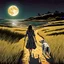 Placeholder: A woma and Irish Sutter dog are iwalking in the field leading to the beach under a full moon,