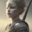 Placeholder: female warrior, dnd character, freckled pale skin, intricate engraving steel armor, volumetric lighting, mist, dawn, seaside background, intricate, elegant, well composed, extremely detailed, hyperrealism, sharp focus, trending on artstation, trending on cgsociety,