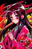 Placeholder: Cute Japanese girl, with pink eyes, a only horn on left side of head, dressed in her pink kimono and a black haori, black long hair with reddish tips, a piece of bamboo covering her mouth, drawing manga style, vibrant colors, in a manga book cover
