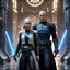 Placeholder: a bold and heroic bald male Corellian pilot in black and metallic grey First Order special forces gear meets a female Jedi Master in ancient, mystical temple, hyperdetailed, dynamic lighting, hyperdetailed background, 8k resolution, volumetric lighting, light skin, fully symmetric details