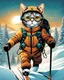 Placeholder: Hermosa ilustración steampunk coloreada arte lineal de un gato antropomorfico con traje de esquiador, esquiando en la nieve, calidad ultra, hiperdetallado,12k