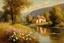 Placeholder: Sunny day, mountains, river, distant house, flowers, trees, wilfrid de glehn and pieter franciscus dierckx impressionism paintings