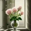 Placeholder: Single wilting white rose in a vase beside a window and seeing its reflection