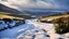 Placeholder: View in the Yorkshire Dales after a fresh snowfall, with beautiful sky, late afternoon sunshine, stone walls, hills and valleys, river, calm, peaceful, tranquil, beautiful composition, chiaroscuro, detail