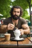 Placeholder: half figure photography of an ugly turkish barman servicing one coffee at the table, burly robust muscular chubby shirtless short beard, mainly chest very hairy 29 years old man, in a public park of Istambul , sunny day, sweat, wet, big shoulders, angry eyes, photorealistic