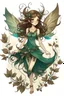 Placeholder: Forest fairy with iridesand teal wings and a cute short leaf dress and pointed ears and multiple vine earings and ear cuffs flying through a mythical forestand brown wavy hair