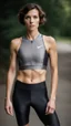 Placeholder: photography of a beautiful anorexic woman, grey satin triathlon top, brunette wavy pixie haircut, pronounced sternum, flat chest, grey satin cycling leggins