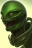 Placeholder: green alien, head, evil, red eyes, big silver teeth, weapons, blood, 8k, finely detailed, photo realistic, HR Giger style