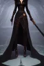 Placeholder: mature evil witch in black leather gown with a leather whip in her hand, big chest, angry face, inside a dungeon