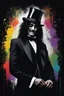 Placeholder: full color, A scary man with long curly black hair, wearing a top hat, black tuxedo and tie, against a black wall with multicolored paint splatter