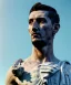 Placeholder: Ultra Realistic image, roman sculpture, marble deluxe material, Angel di maria soccer player, Greece Laurel crown, miguel angel style, chisel style, emperador, waist up portrait, cinematic lighting, God light, god rays, 4k resolution, smooth details, ornate details, soft lighting, unreal engine 5, sky background.