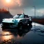 Placeholder: hyperrealistic shot, cyberpunk muddy military toy car, monotone color palette, volumetric lighting, sharp focus, shine, puddle reflection, tire water splash, refraction, mist on the horizon, shadowcast, detailed and intricate, cinematic composition, micro, tilt shift photography