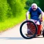 Placeholder: a mentally ill man with a few teeth, riding a tricycle