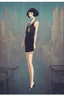 Placeholder: full body picture of a skinny woman with a bob, a fringe hairstyle, 1920s flapper clothing, futuristic city background