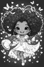 Placeholder: create a coloring page of a chibi girl with a curly afro ponytails dancing around hearts and butterflies. she smilies while shes playing, black and white