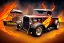 Placeholder: a customized 1930 ford model a pickup, roof chopped, lowered, wide dragster wheels, no spare tire, vertical truck exhaust pipes behind the cabin, with flames coming out of them, twin-tone colouring, centered, intricate, extreme detailed, photorealism, center view, stylized random background, pivot on ford, pen and color marker painting by cheryl kelley