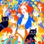 Placeholder: A mesmerizing fantasy scene features a French actor, Hélène Rollès, surrounded by a plethora of cats, all displaying delighted expressions. Surrounding the actor are peculiar, brightly colored flowers, which add a sense of whimsy and intrigue to the composition. Employing chiaroscuro and intense colors, the artwork boasts a colorful, vibrant background that enhances the depth of color throughout the piece. Exquisite details and perfect composition are evident, while natural lighting adds to the