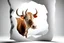 Placeholder: white,background,looking,through,a 3-d, broken,window,with,sharp,edges hole,watching,a,highland cow