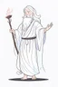 Placeholder: Disney style, white hair, white skin, white beard, coloring book, minimalism, simple lines, white background, STICKER, WHOLE BODY, A CUTE man with staff in his hand, long white beard, flowing hair, and long tunic, sandals, open arms, A detailed illustration, in the style of Studio Ghibli, 3D vector art, cute and quirky, fantasy art, Adobe Illustrator, hand-drawn, low-